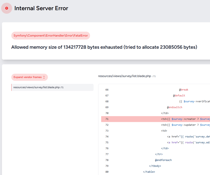 Laravel  Allowed memory size of  bytes exhausted (tried to allocate bytes)