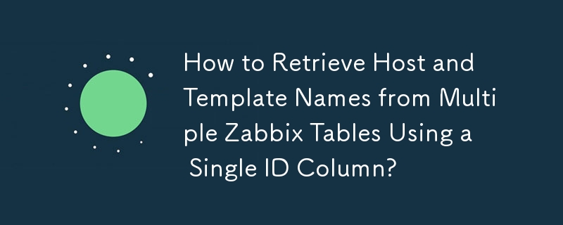 如何使用单个 ID 列从多个 Zabbix 表中检索主机和模板名称？