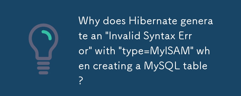 MySQL テーブルの作成時に、Hibernate が「type=MyISAM」で「無効な構文エラー」を生成するのはなぜですか?