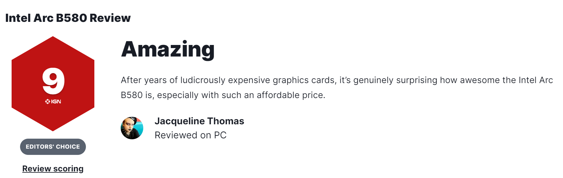 英特尔Arc B580显卡IGN 9分:极高的性价比