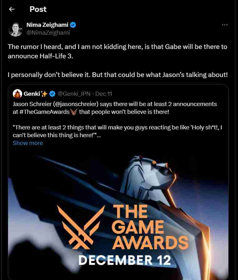 传闻:G胖将在TGA现场公布《半条命3》