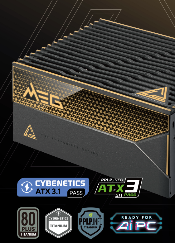 微星 MEG Ai1600T PCIE5 电源预热:1600W 钛金认证,支持 RGB 灯效