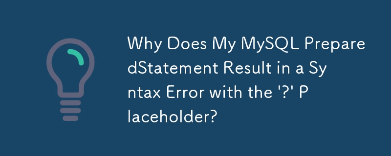 Warum führt mein MySQL PreparedStatement zu einem Syntaxfehler mit dem „?' Platzhalter?