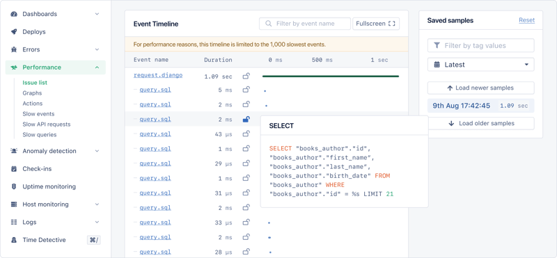 appsignal performance sample events timeline