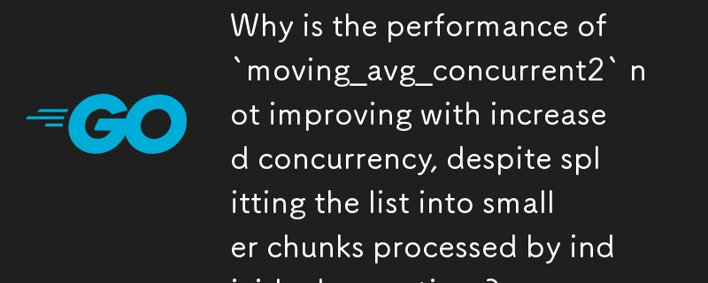 Why is the performance of `moving_avg_concurrent2` not improving with increased concurrency, despite splitting the list into smaller chunks processed by individual goroutines?