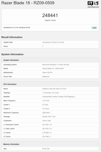雷蛇灵刃 18 2025 款现身 Geekbench，搭载英特尔酷睿 Ultra 9 275HX