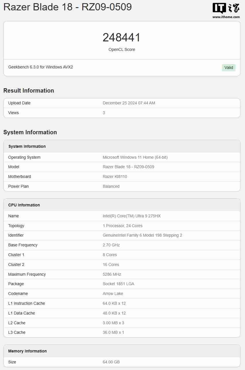 雷蛇灵刃 18 2025 款现身 Geekbench,搭载英特尔酷睿 Ultra 9 275HX