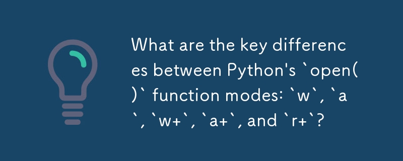 Python 的 `open()` 函数模式：`w`、`a`、`w`、`a` 和 `r` 之间的主要区别是什么？