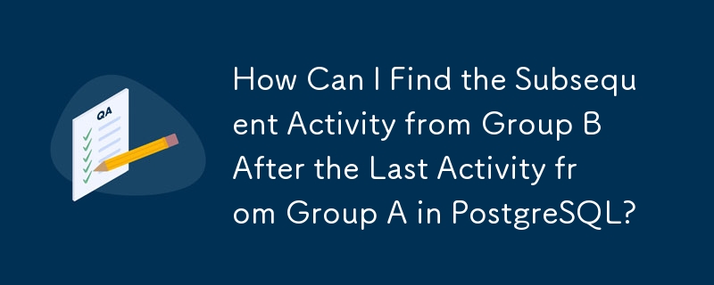 How Can I Find the Subsequent Activity from Group B After the Last Activity from Group A in PostgreSQL?