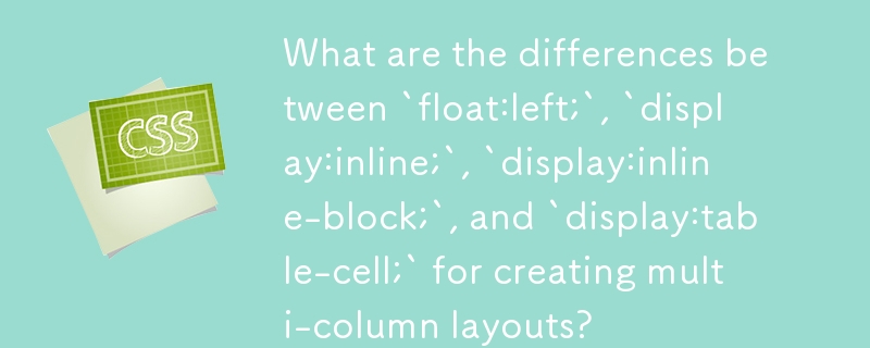 複数列レイアウトを作成する場合の `float:left;`、`display:inline;`、`display:inline-block;`、および `display:table-cell;` の違いは何ですか?