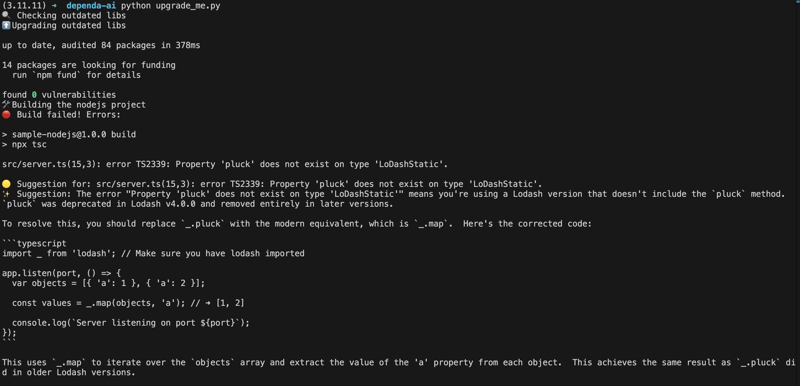 Automatisieren von Node.js-Abhängigkeits-Upgrades und Build-Fehlerbehebung mithilfe von KI