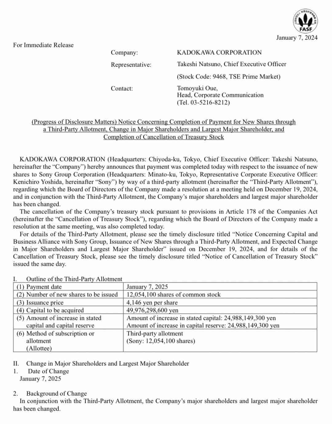 索尼已交清3.3亿美元付款 正式成为角川最大股东