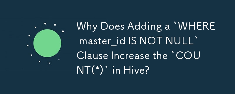 「WHERE master_id IS NOT NULL」句を追加すると、Hive の「COUNT(*)」が増加するのはなぜですか?