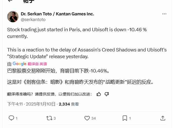 《刺客信条：影》二次跳票后 育碧股价再跌10%