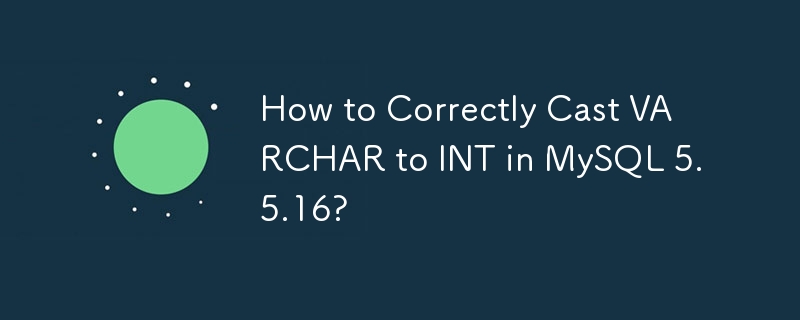 如何在 MySQL 5.5.16 中正确地将 VARCHAR 转换为 INT？