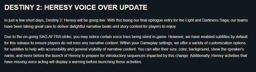 受美国演员工会SAG-AFTRA罢工影响 《命运2：异端》公布时缺少部分台词配音