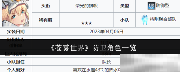 《苍雾世界》防卫角色一览