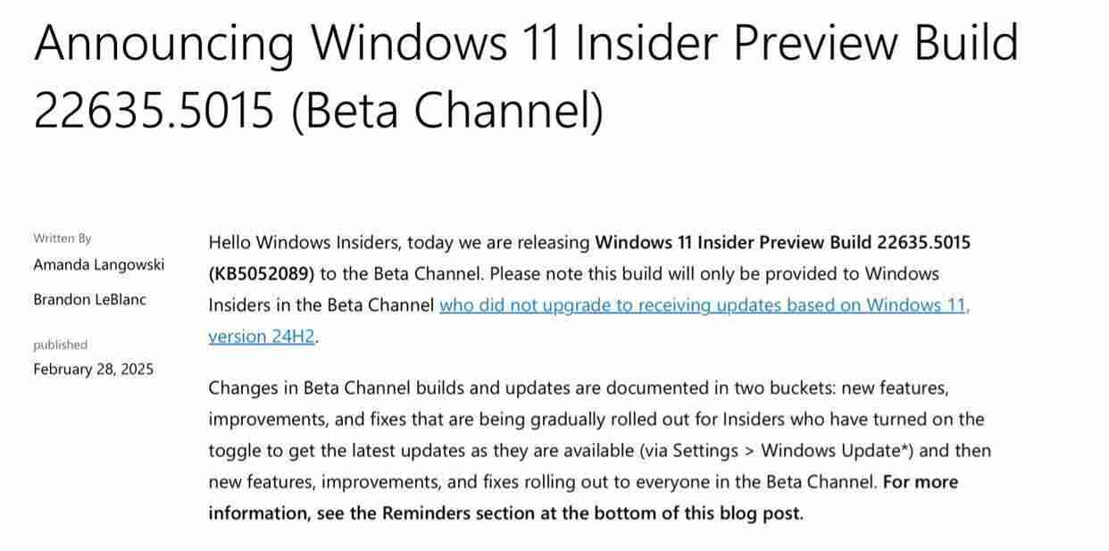 Win11 Beta 22635.5015预览版今日发布:附KB5052089完整更新日志