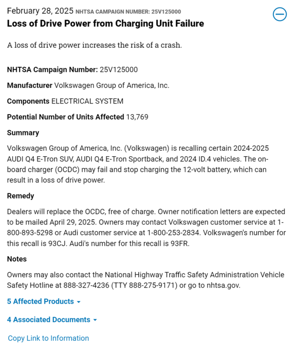 大众集团在美召回近1.4万辆电动汽车 可能存在失速情况