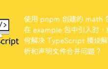 使用 pnpm 创建的 math 包在 example 包中引入时，如何解决 TypeScript 模块解析和声明文件合并问题？