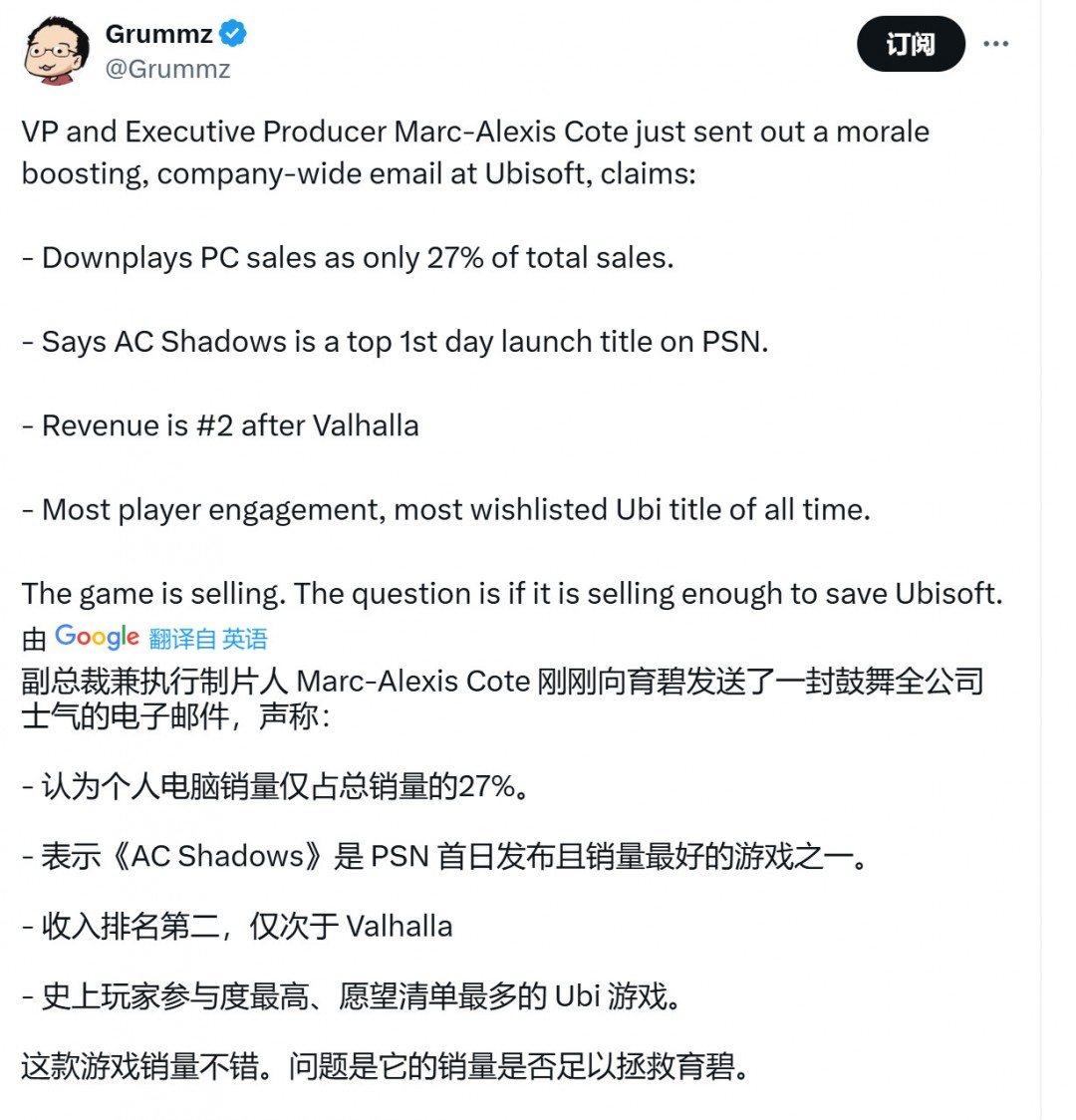 《刺客信条：影》首日创收为系列第二 PC占比27%