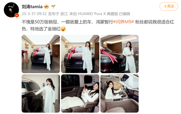 演员刘涛喜提问界M9：不愧是50万级销冠 一眼就爱上
