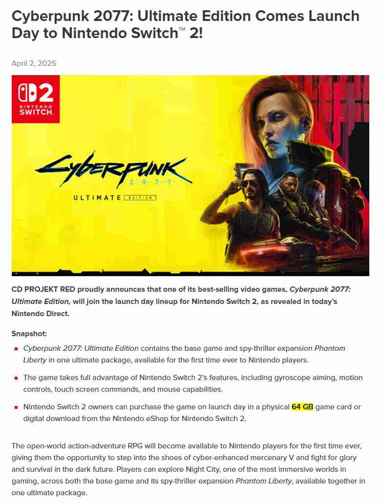 Switch 2部分游戏容量公布 《赛博朋克2077》需要64G