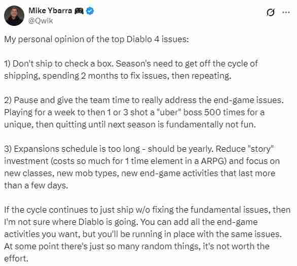 前暴雪总裁担心《暗黑4》原地踏步：别再为交差推赛季