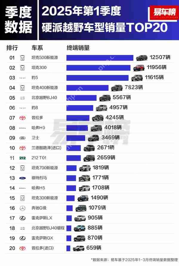 2025Q1中国越野车型销量TOP 20：前三只有坦克方程豹