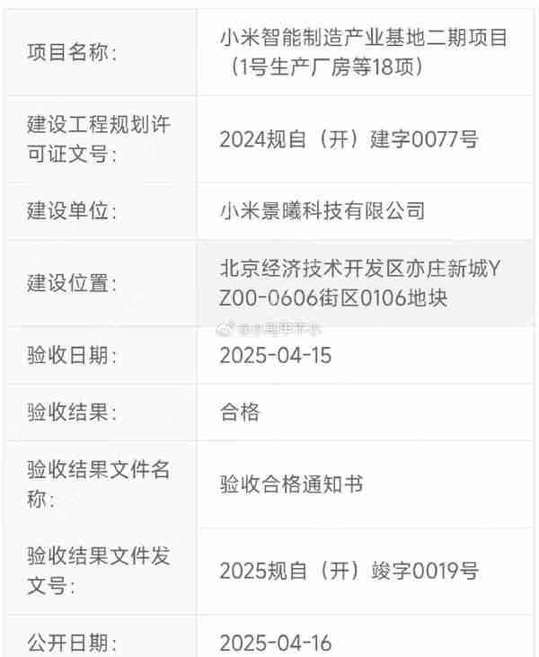 曝小米汽车二期工厂验收合格 预计今年6月开始投产