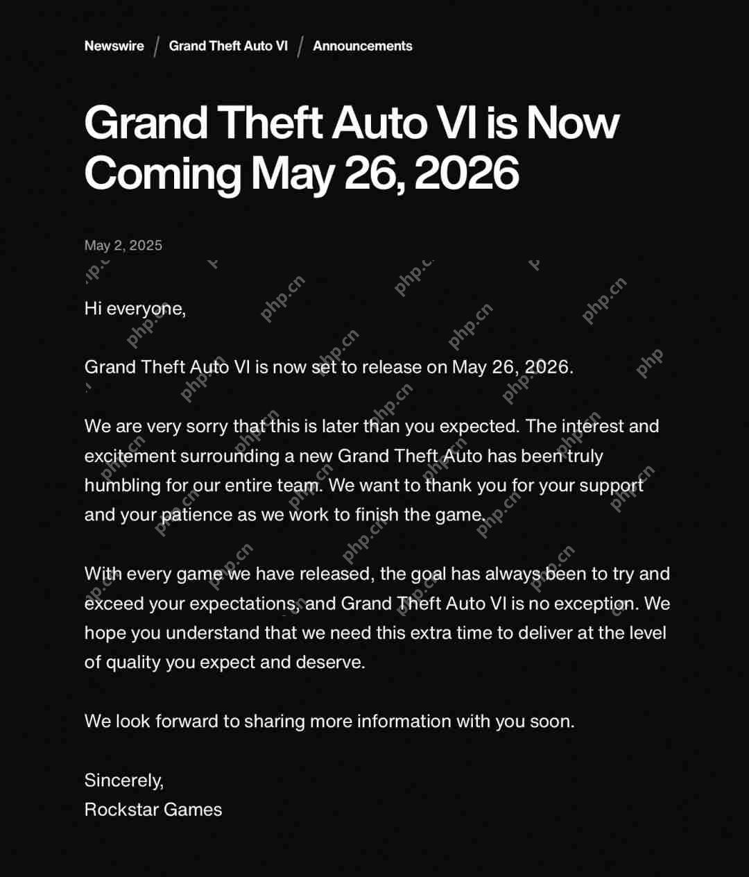 R星官宣:《GTA6》跳票到2026年5月26日