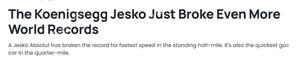 科尼赛克Jesko Absolut半英里加速破纪录 359.83km/小时