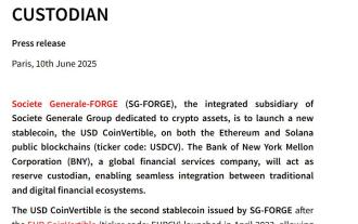 Societe Generale launches USD fixed StableCoin USD common animal (USDCV)