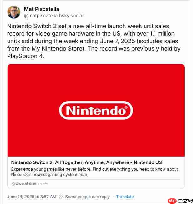 卖疯了！Switch 2美国首周销量超110万台