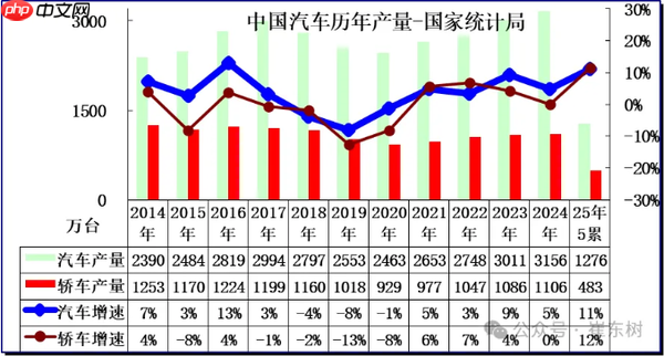 2025年1-5月中国汽车生产1276万台 同比增长11%