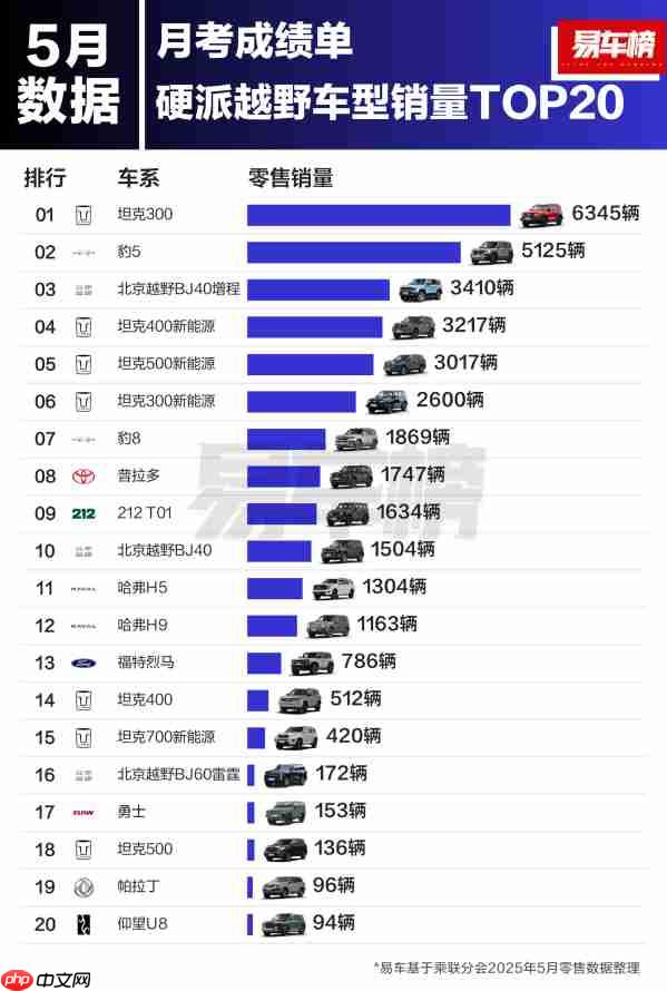 5月硬派越野车型销量TOP20出炉：坦克品牌前六占四