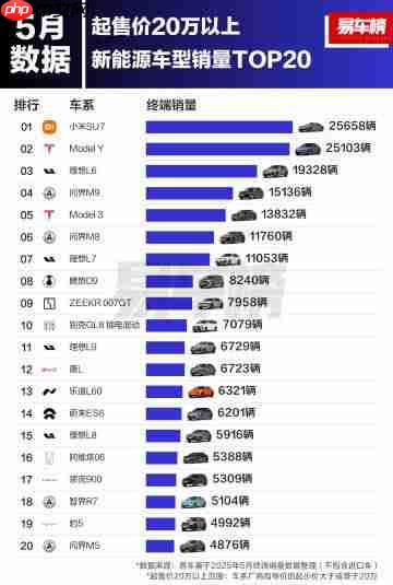 5月20万以上新能源车销量TOP20：小米SU7超Model Y