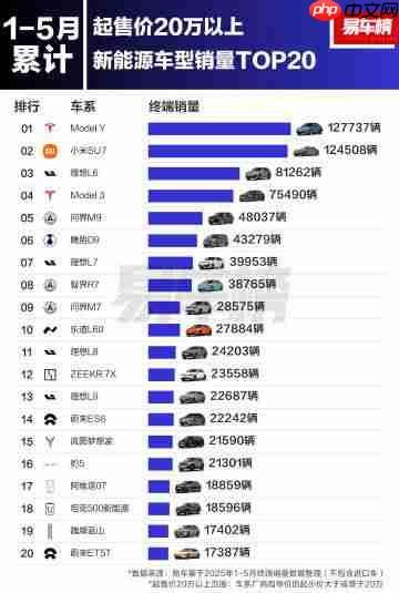 5月20万以上新能源车销量TOP20：小米SU7超Model Y