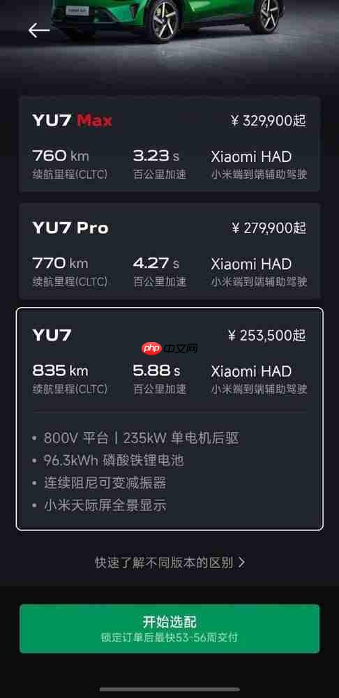 小米YU7交付时间刷新 基础款车型最长需等待56周提车