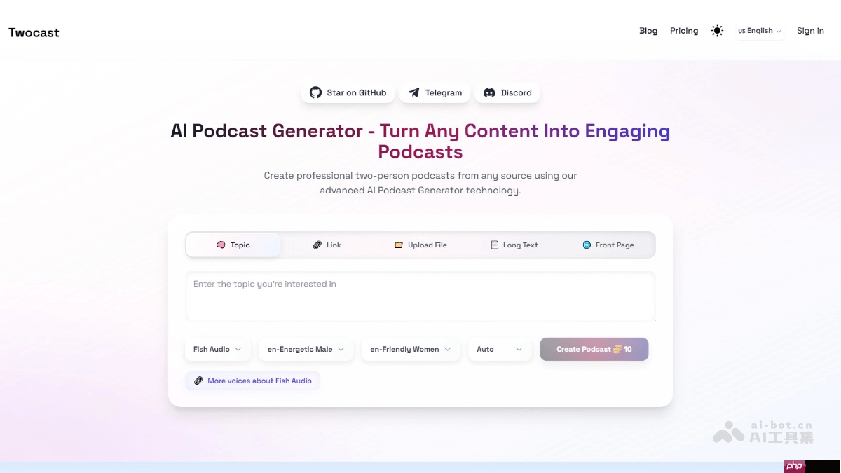 Twocast— AI双人播客生成器，模拟真实双人对话形式