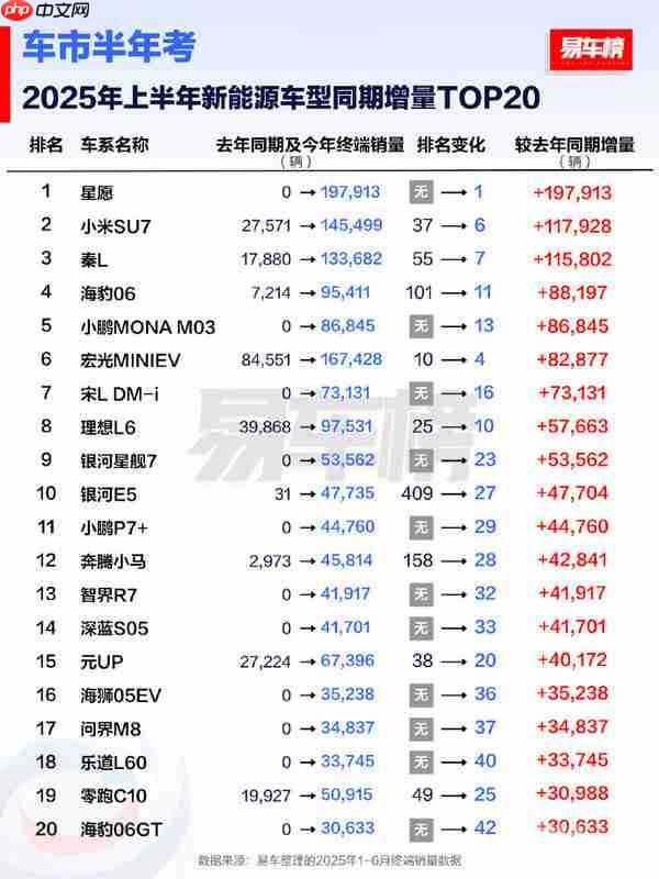 2025上半年新能源车型销量TOP20:Model Y丢掉冠军!