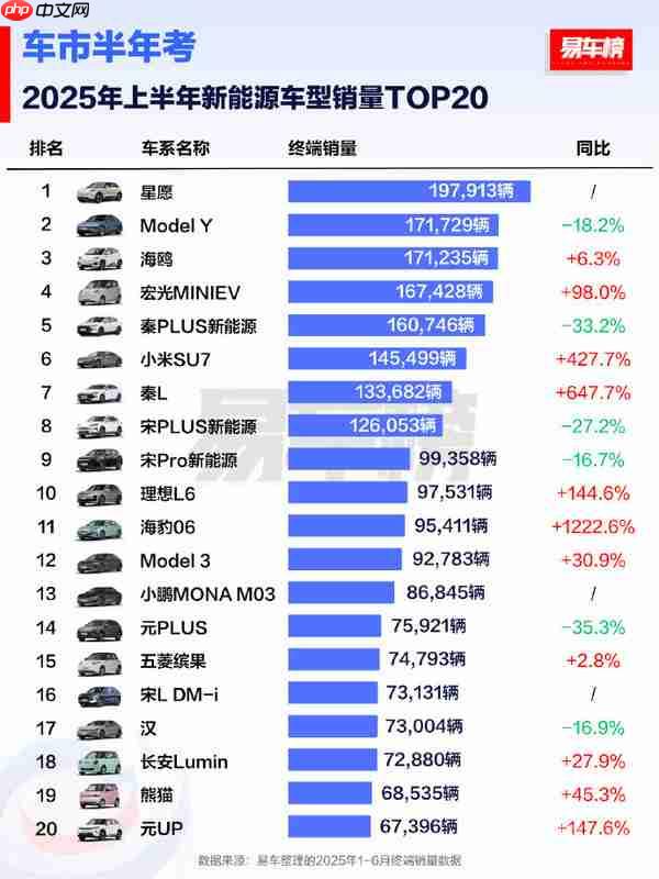2025上半年新能源车型销量TOP20:Model Y丢掉冠军!