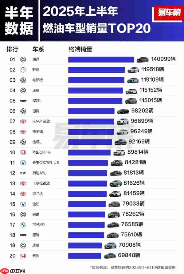 2025上半年燃油车销量TOP20出炉：国产最高排第五