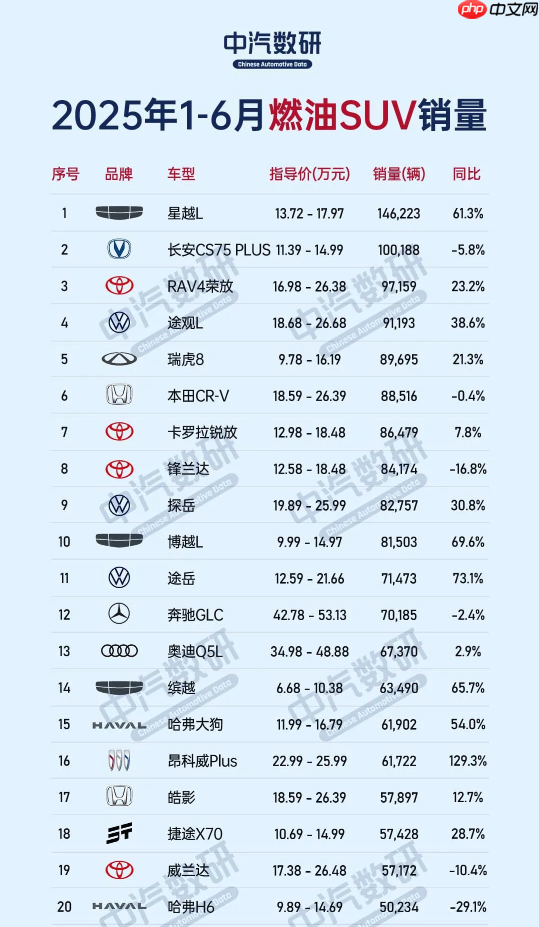 上半年中国市场燃油SUV销量排名公布 前五三款国产