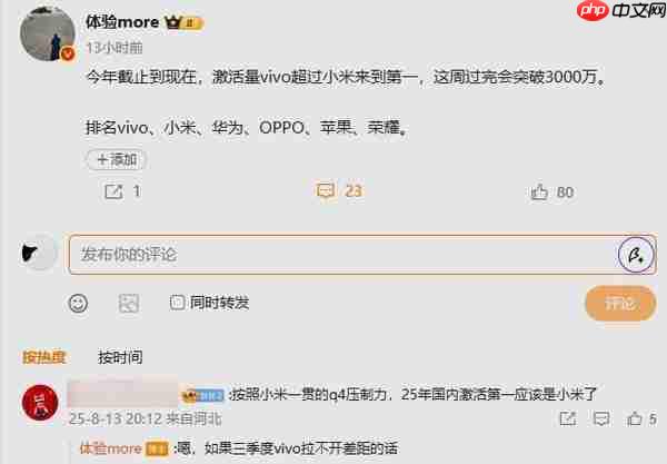 2025 年国内手机累计激活量排名:小米第二 苹果第五