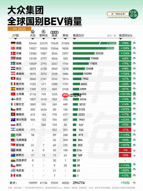 上半年大众全球各国BEV销量解析 德国成最大单一市场