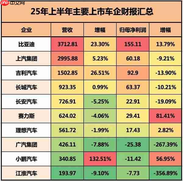 2025上半年各大车企财报数据汇总 看看谁表现最出色？