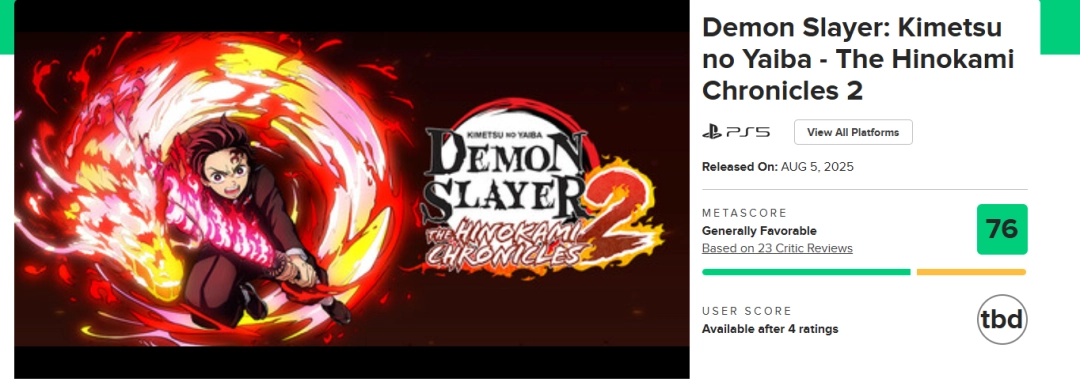 《鬼灭之刃：火神血风谭2》M站均分76 IGN7分称合格续作！