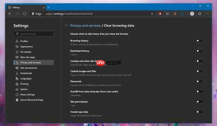 Win10 Edge Canary新增隐私选项，允许用户退出时选择清理数据