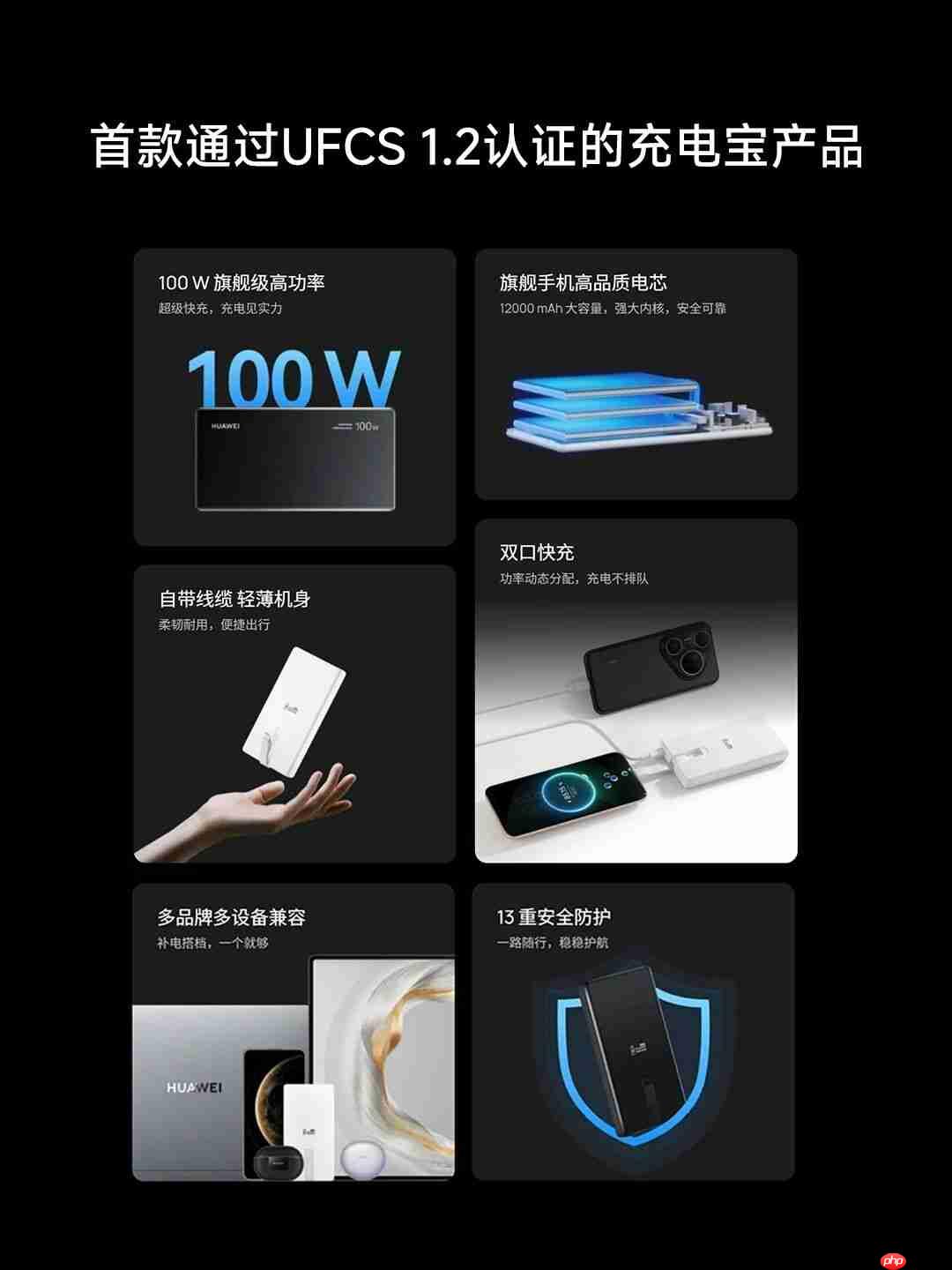 华为自带线全能充移动电源：首款通过 UFCS 1.2 认证的充电宝产品